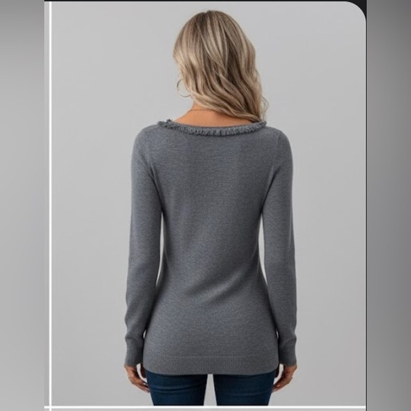 Gray Fringe Trim Scoop Neck Sweater - Picture 4 of 7